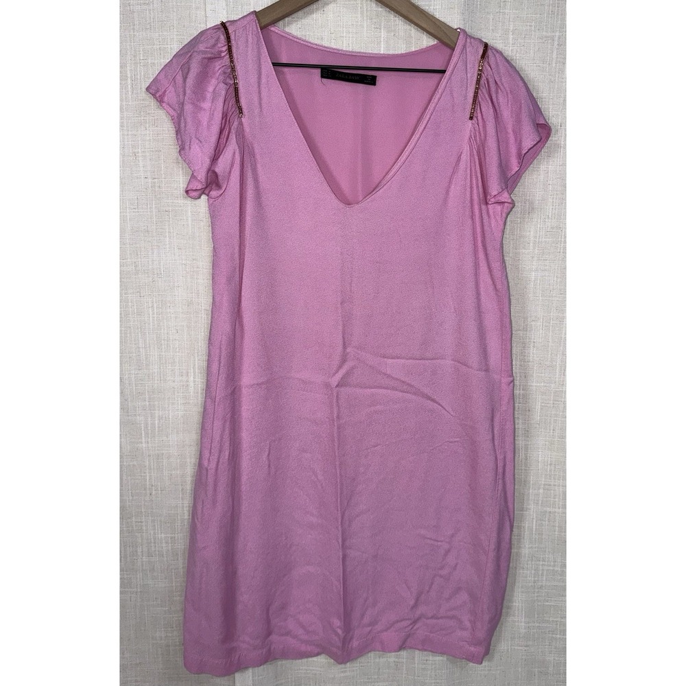 Zara Basic Pink Dress Women's Medium Ruffle Sleeve Rose Gold Beaded Sheer Lined